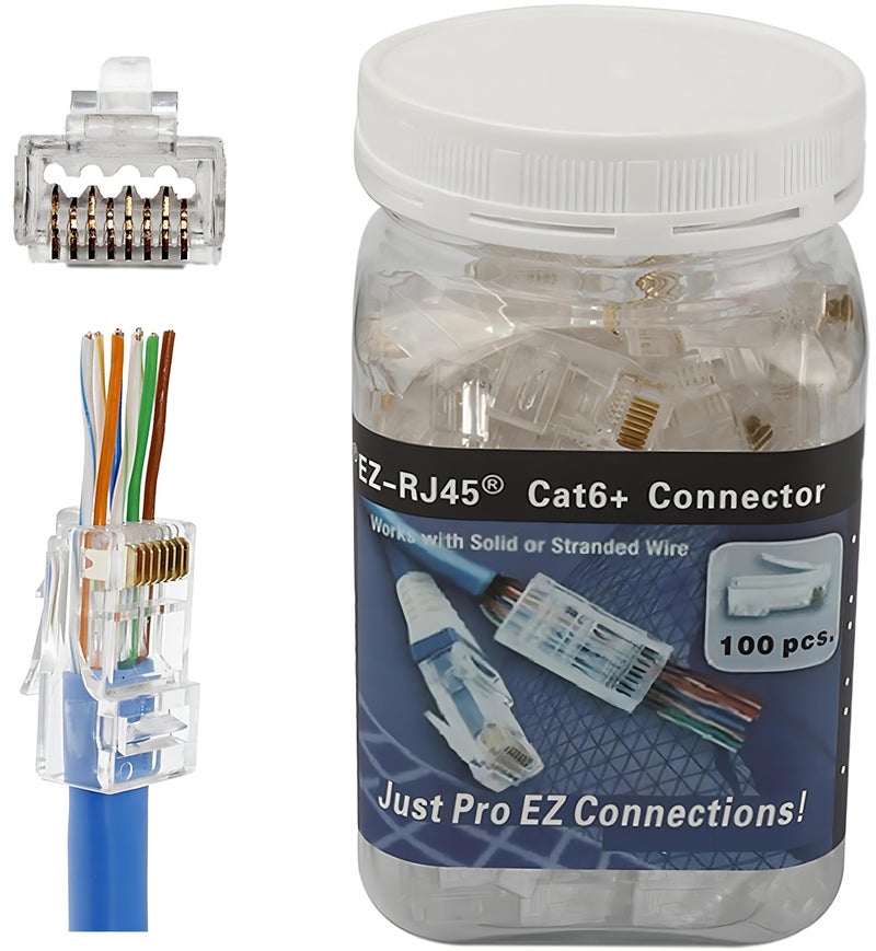 PETECHTOOL 100 Pack RJ45 CAT6A CAT6 Pass Through Connectors 23AWG Cables-End Bold UTP Ethernet 8P8C Gold Plated Modular Plug for Unshielded Twisted Pair Solid Wire Standard Cables - Image 1